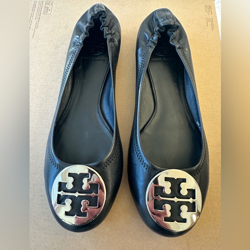 Tory Burch Black Leather Reva Logo Ballet Flats